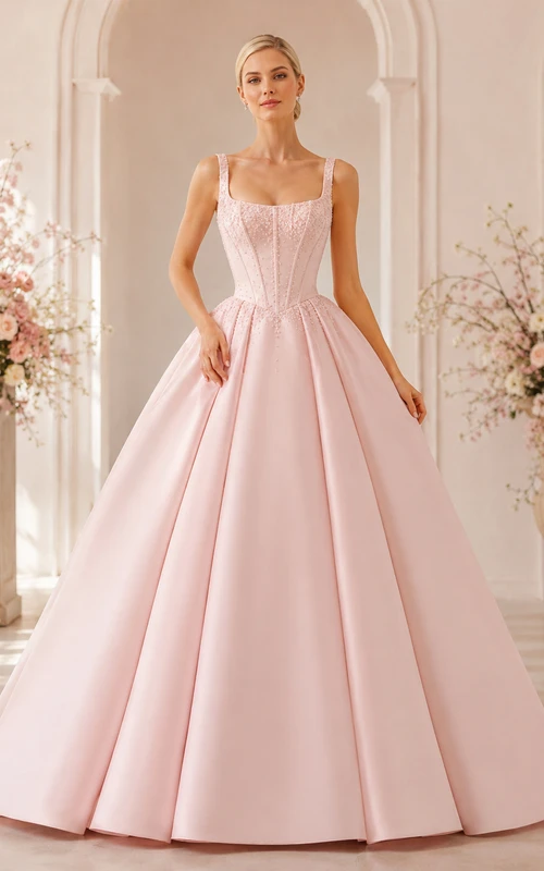 Vestido de novia de gala con corsé de satén rosa perla con escote cuadrado y cola de capilla.