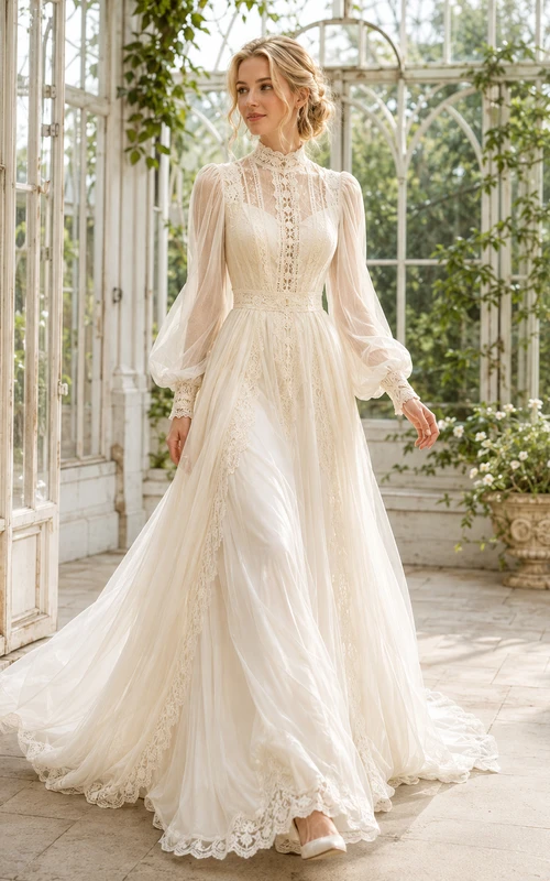 Boho Lace Tulle Wedding Dress A-Line High Neck Long Sleeve Sweep Train Bridal Gown