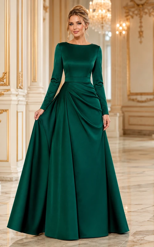 Emerald Long Sleeve Satin A Line Modest Gala Gown