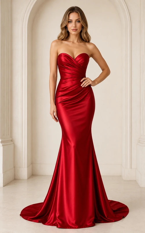 Vestido formal de satén rojo sin tirantes con escote corazón y corte sirena