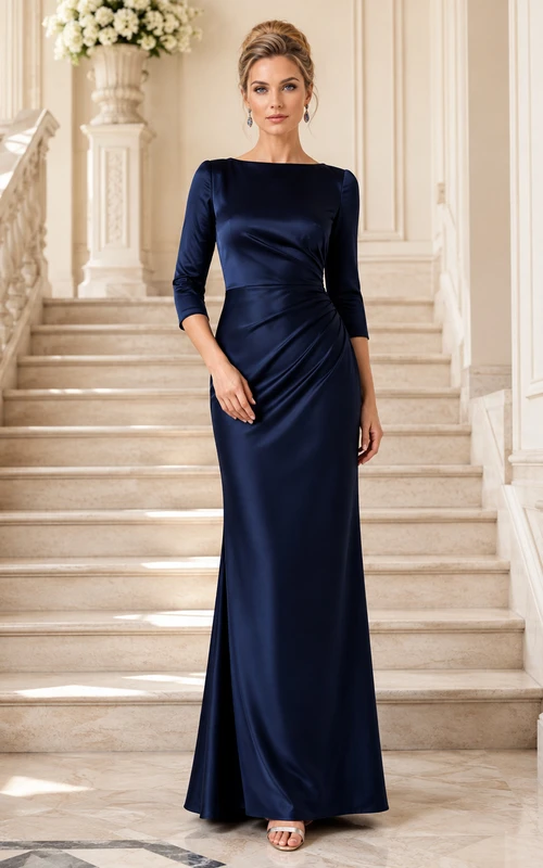 Dark Navy Bateau Three-Quarter-Sleeve Ruched Satin Modest Sheath Mother Gown