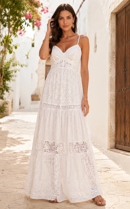 Romantisches weißes Baumwollspitzen-Kleid in A-Linie, bodenlang, mit Spaghettiträgern und Ausschnitt