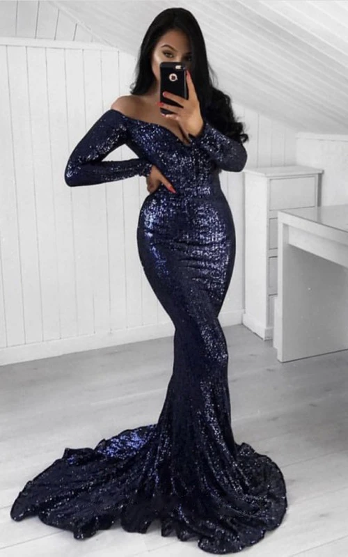 Schlichtes Pailletten-Meerjungfrauen-Abendkleid mit schulterfreiem Ausschnitt, langen Ärmeln und offenem Rücken