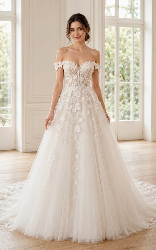 Robe de mariée en dentelle et tulle, épaules dénudées, manches courtes, coupe trapèze, traîne chapelle, ornée d'appliqués floraux.