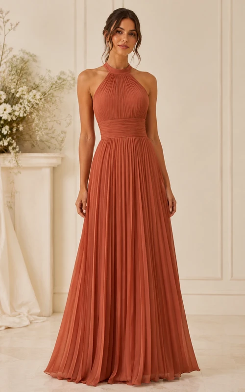Robe de demoiselle d'honneur en mousseline de soie à col halter plissé couleur papaye, coupe trapèze, plissée papaye