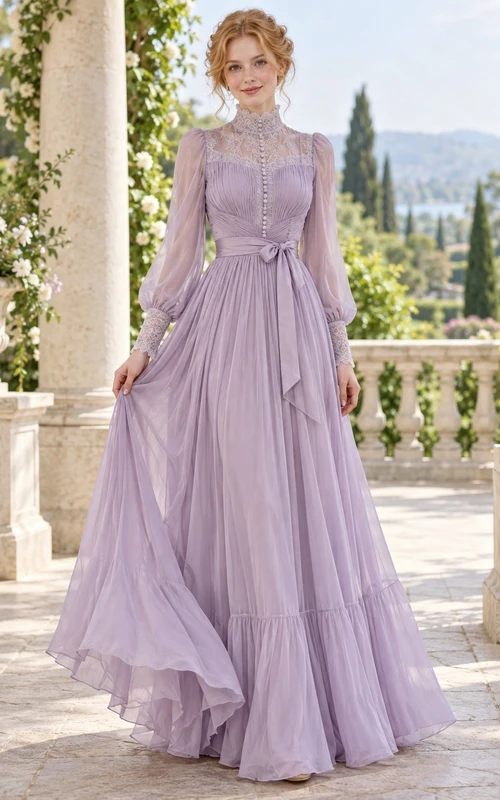 Vintage Edwardian High Neck Long Sleeve Lavender Lace Chiffon Evening Dress