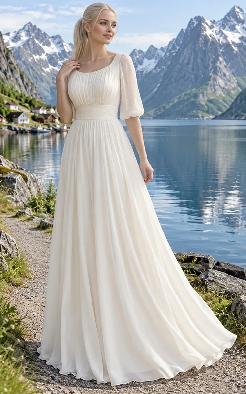 Vestido de novia de corte A en georgette con escote redondo, corpiño fruncido y mangas abullonadas hasta el codo.