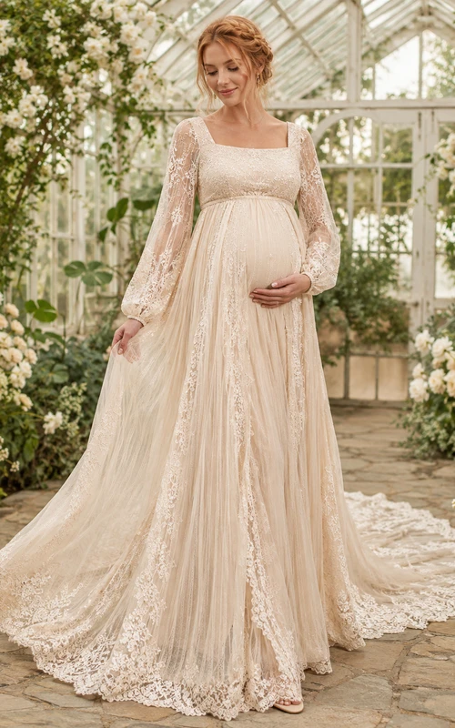Maternity Wedding Dress Square Neck Bell Sleeve Lace Garden Bridal Gown with Train
