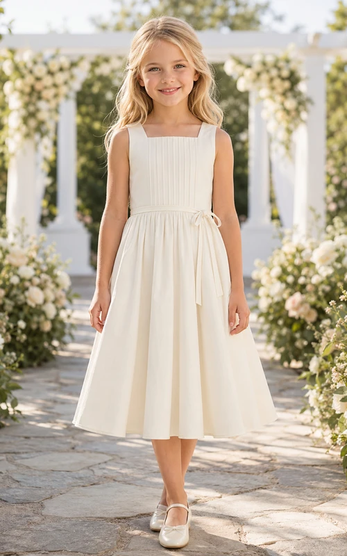Blumenmädchenkleid aus elfenbeinfarbenem Chiffon und Tüll, A-Linie, Rundhalsausschnitt, Teelänge, plissiert
