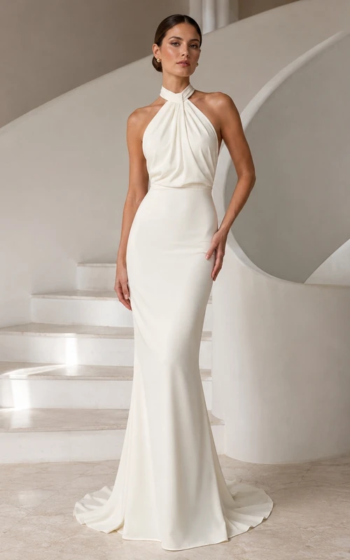 Vestido de fiesta blanco sensual de satén sin mangas con escote halter y cola de sirena