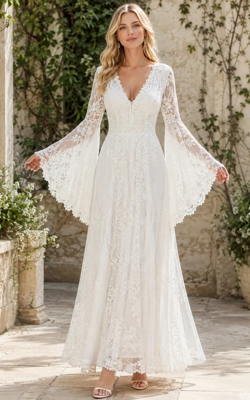 Brautkleid im Boho-Stil mit V-Ausschnitt, langen Ärmeln, A-Linie, bodenlang, Glockenform und Spitze