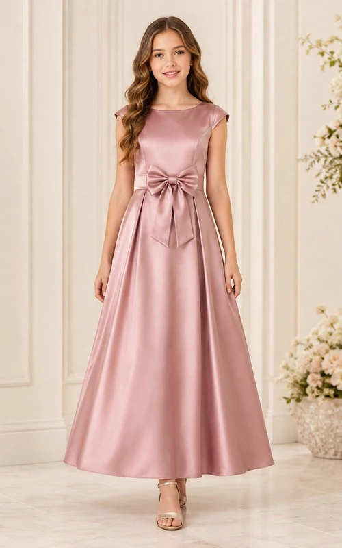Elegantes Brautjungfernkleid in Altrosa mit A-Linie, kurzen Ärmeln und Satinschleife.