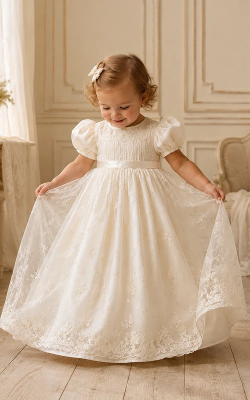 Champagne Puff Sleeve Christening Gown A-Line Lace Satin Jewel Neck