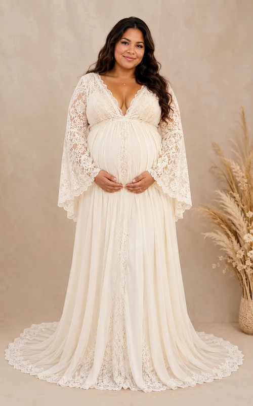 Robe de mariée de maternité grande taille ivoire à manches en dentelle