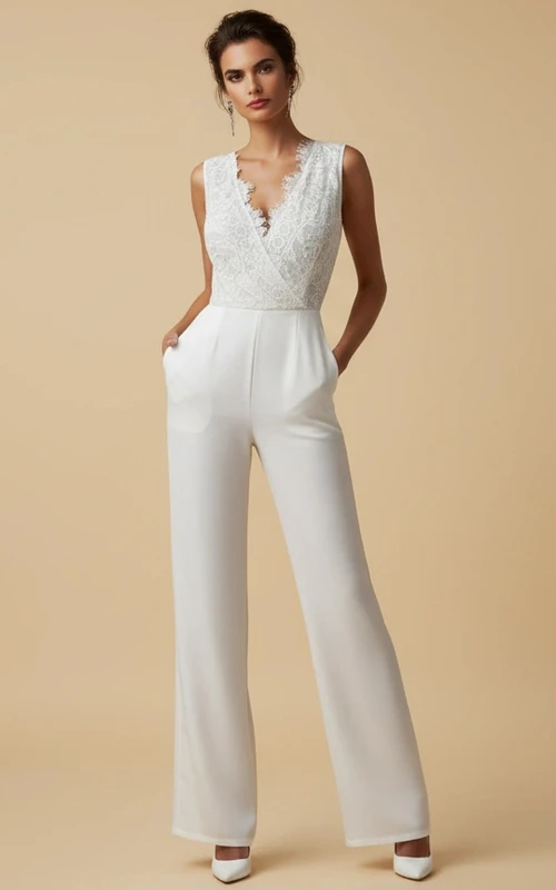 Mono de boda con escote en V profundo, encaje, pernera ancha y bolsillos.