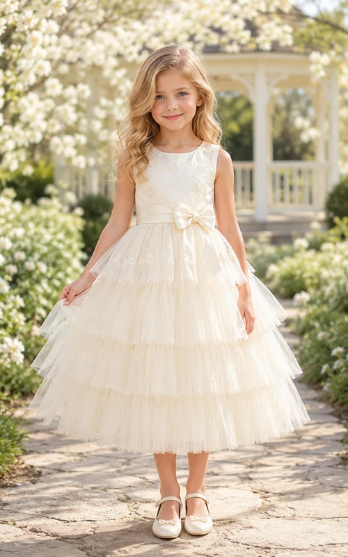 Vestido de novia de niña de las flores, sin mangas, de corte A, largo hasta la rodilla, con volantes de tul y encaje, con lazo, ideal para bodas en el jardín.
