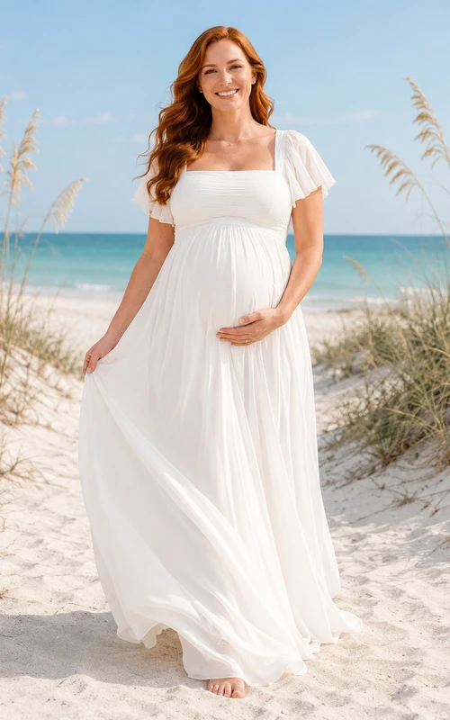 Robe de mariée de maternité pour une escapade à la plage, col carré, manches papillon, en mousseline, coupe empire, trapèze