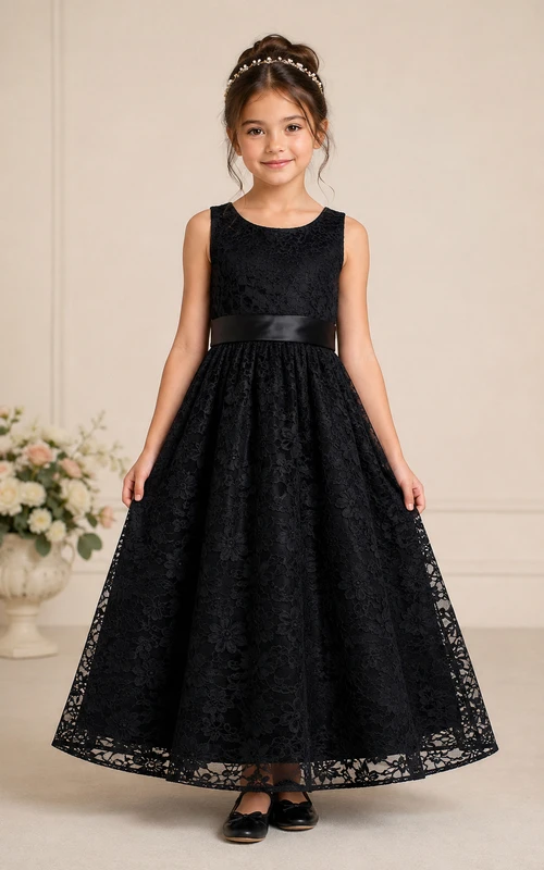 Schwarzes A-Linien-Blumenmädchenkleid aus Spitze mit Schleife