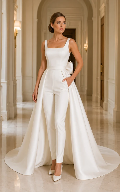Hochzeitsjumpsuit mit eckigem Ausschnitt und Satin-Überrock-Schleppe