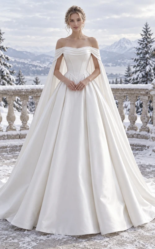 Vestido de novia de invierno sencillo de satén con escote Bardot y corte en A
