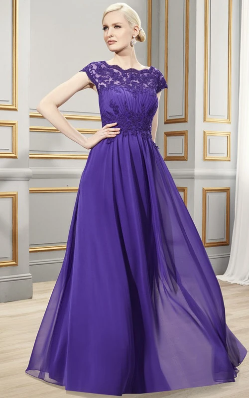 Sheath Bateau-Neck Appliqued Long Cap-Sleeve Chiffon Formal Dress With Ruching