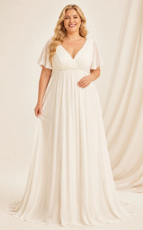 Vestido de novia de gasa de talla grande con cintura imperio y mangas con volantes