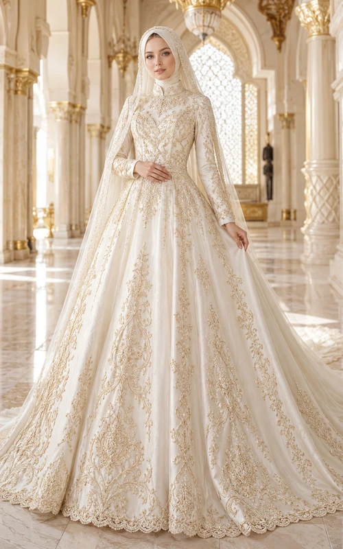 Gold Embroidered Muslim Long Sleeve Luxury Ball Gown Wedding Dress
