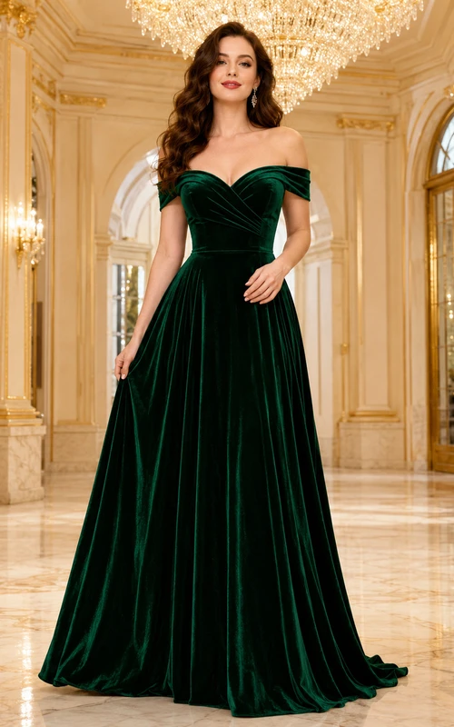 Emerald velvet off shoulder A-line musical theater gown