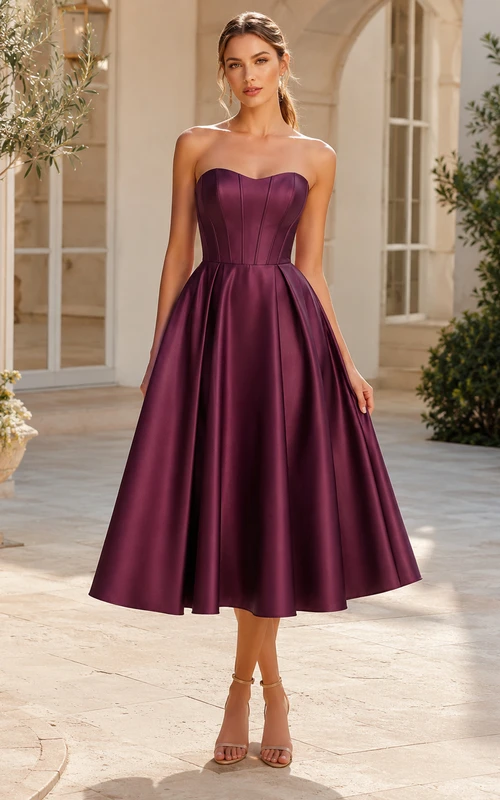 Vestido de fiesta largo hasta la rodilla de satén color ciruela sin tirantes con escote corazón