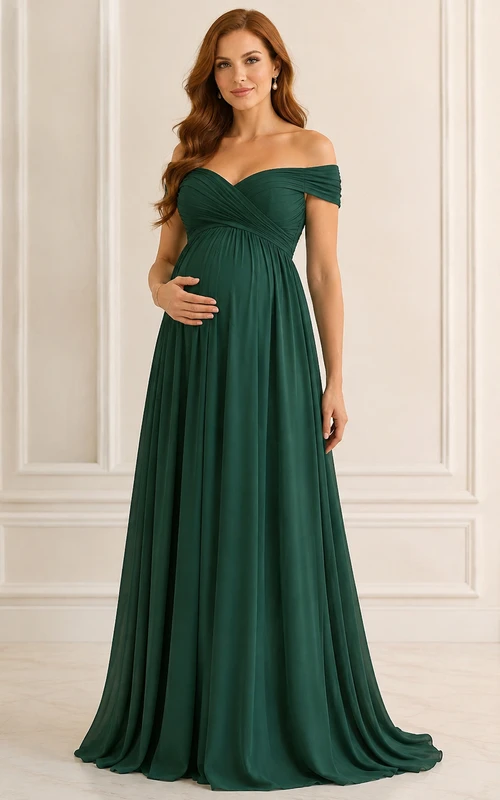 Dunkelgrünes Umstands-Abendkleid aus Chiffon mit schulterfreiem Rock, Empire-Schnitt und A-Linien-Schnitt