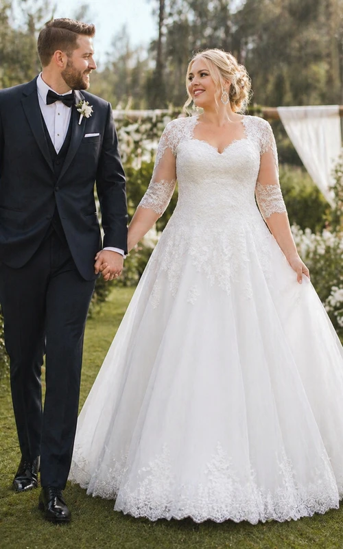 Plus Size Lace A-Line Wedding Dress with 3/4 Sleeves and Sweetheart Neckline
