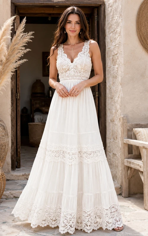 Bohemian White Cotton Lace Ibizaco A-Line Floorly V neck Strap Dress