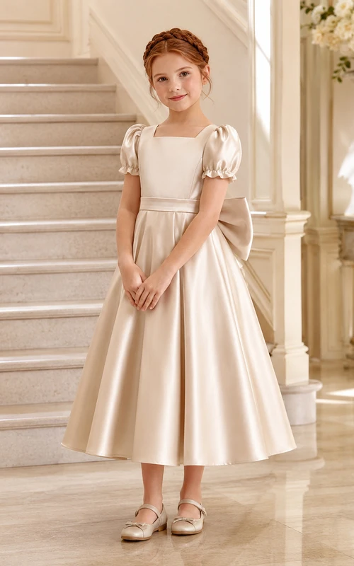 Robe de demoiselle d'honneur champêtre en satin champagne, manches bouffantes, longueur thé, coupe trapèze, avec nœud surdimensionné