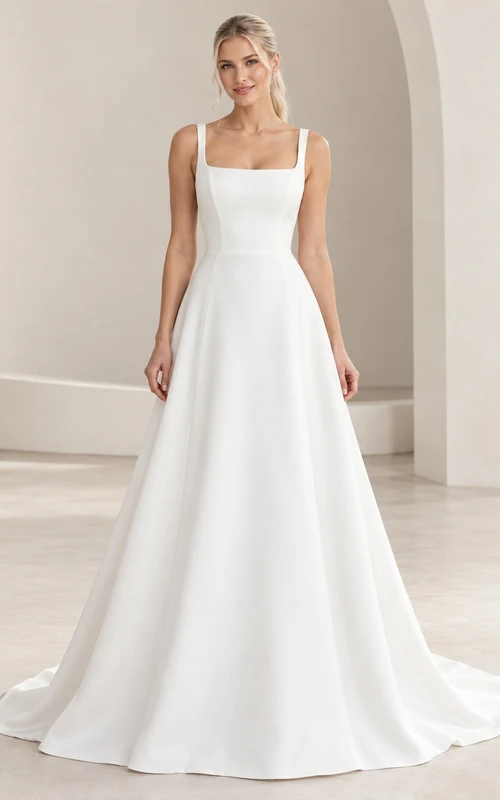 Simple Square Neck Satin Broad Strap A-line Train Wedding Dress