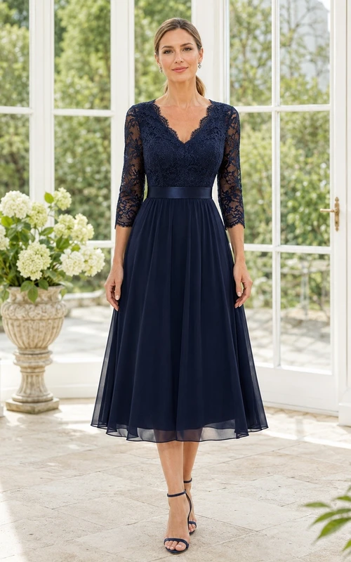 Ink Navy V-Neck Three-Quarter Lace Sleeve Tea-Length Dress