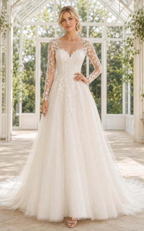 Robe de mariée trapèze en tulle et dentelle florale à col en V et manches illusion longues