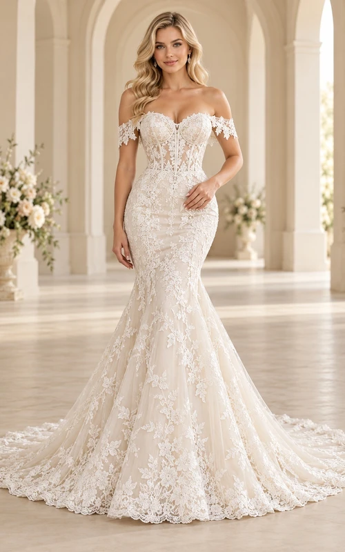 Mermaid Off Shoulder Sweetheart Floral Lace Fitted Train Wedding Dress