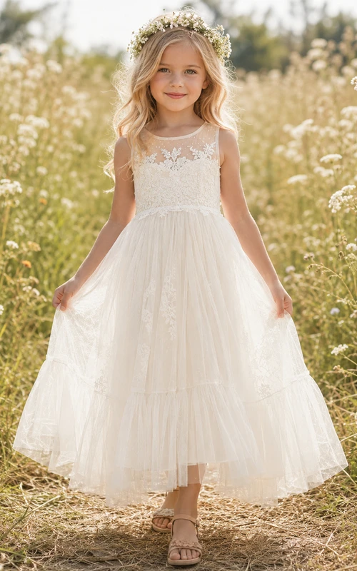 Robe de demoiselle d'honneur en dentelle ivoire et tulle, coupe trapèze, col rond, longueur thé