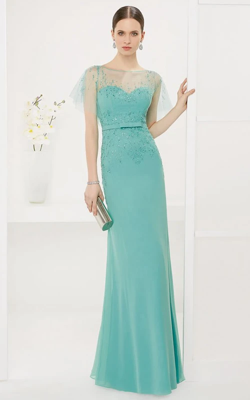 Langes Chiffon-Abendkleid im U-Boot-Stil mit Fledermausärmeln aus Tüll und Kristallen
