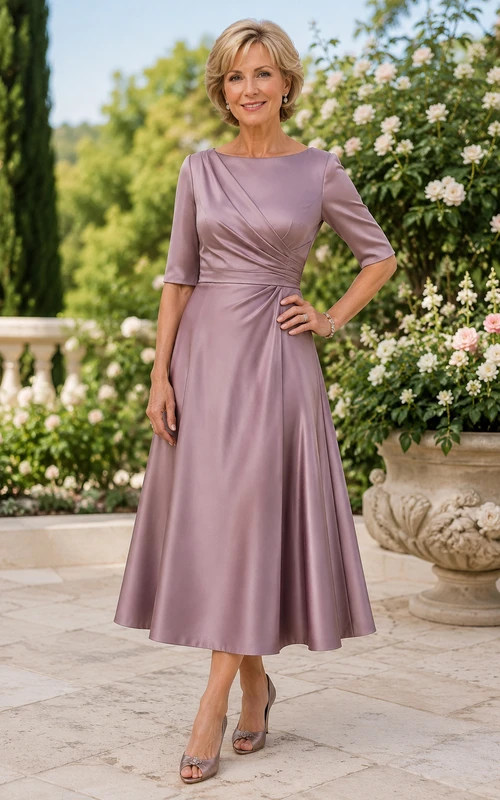 Dusty Rose Satin Tea-Length Mother Dress with Three Quarter Sleeves