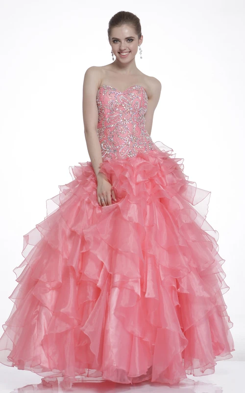 Ballkleid, knöchellang, herzförmiger Ausschnitt, Organza-Schnürung, Rüschen und Perlen