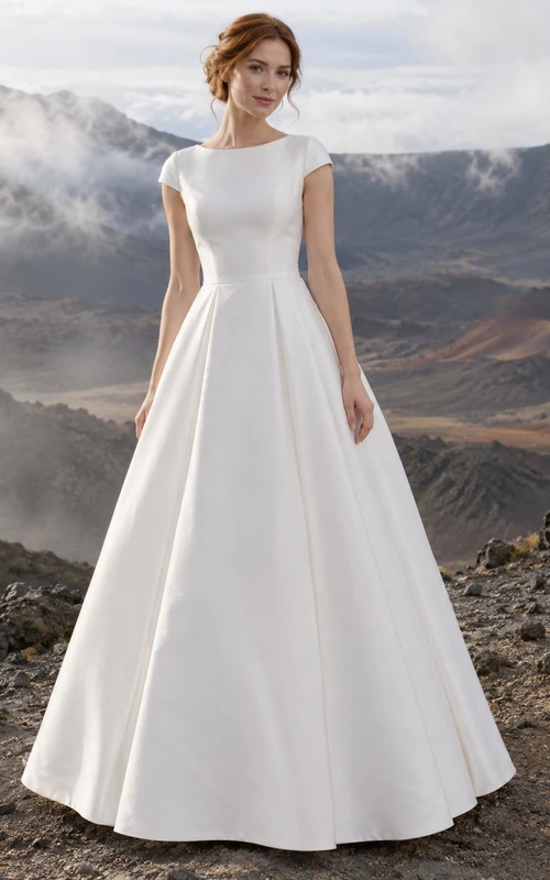 Vestido de novia sencillo de corte A, escote barco, manga corta, tafetán liso, largo hasta el suelo