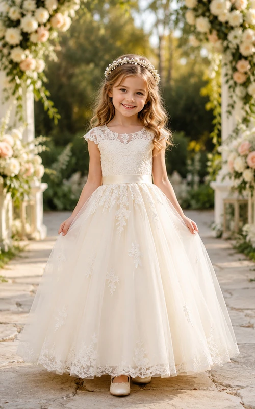 Lace Bodice Tulle A-Line Flower Girl Dress with Short Sleeves, Jewel Neck and Tea-Length Skirt