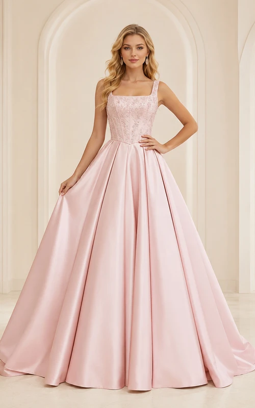 Blushing Pink Simple Square Neck Straps Satin Lace Sweet Sixteen Princess Ball Gown