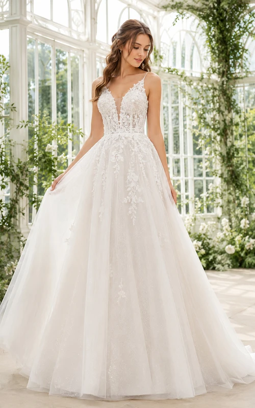 Robe de mariée romantique fluide en dentelle florale à col en V et coupe trapèze, avec traîne courte, ornée d'une traîne courte.