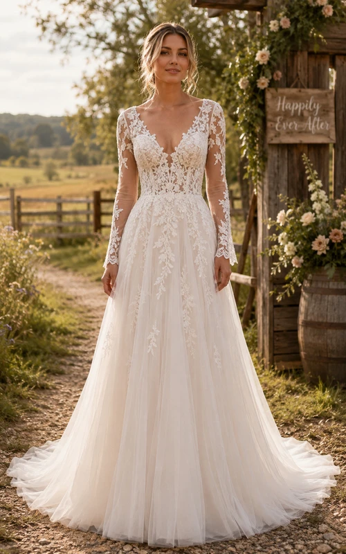 Robe de mariée champêtre trapèze à manches longues et col en V avec traîne en dentelle appliquée