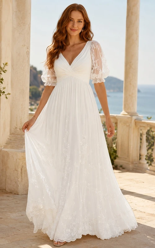 Boho Romantic V-Neck Sheer Puff Sleeve Lace Floor-Length A-Line Beach Wedding Dress