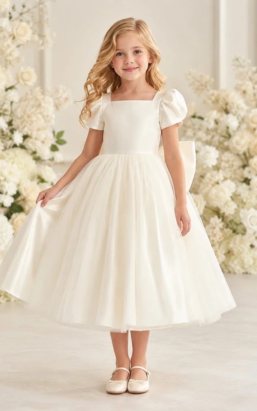 Tüllkleid mit Puffärmeln, A-Linie, Teelänge, Schleife, für Blumenmädchen, Gartenkleid