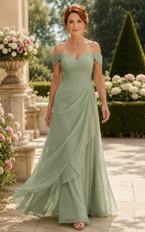 Salbeigrünes schulterfreies Chiffon-A-Linien-Kleid für Mütter