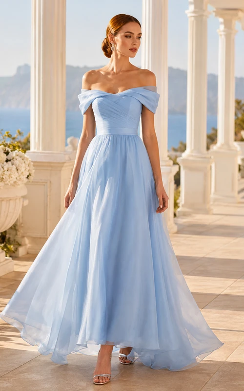 Sky Blue Off Shoulder Draped Chiffon Ankle Guest Dress